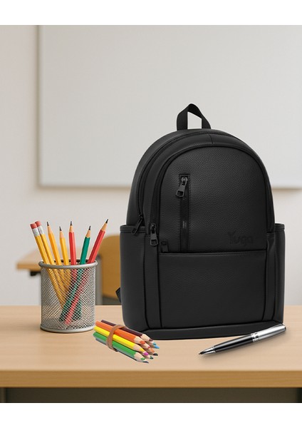 Suni Deri Dört Gözlü Sırt Çantası Siyah