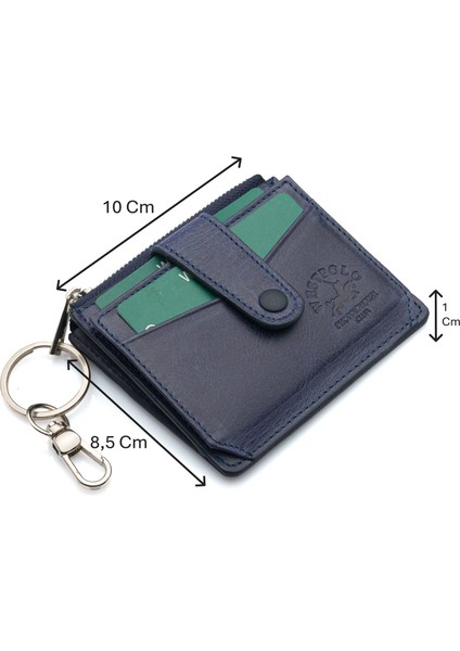 Hakiki Eskitme Deri Anahtarlıklı ve Fermuarlı Bol Kart Bölmeli Unisex Kartlık - Lacivert