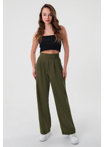 Kadın Haki Yüksek Bel Cırtlı Palazzo Pantolon