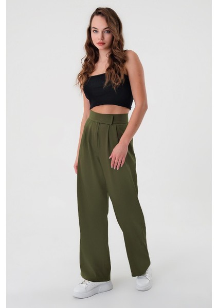 Kadın Haki Yüksek Bel Cırtlı Palazzo Pantolon modelleri
