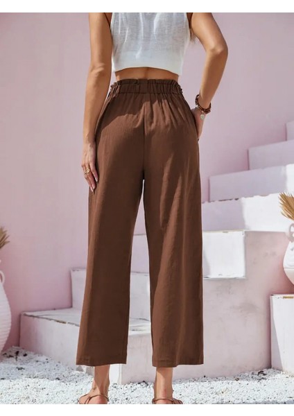 Kadın Bel Büzgü ve Düğme Detay Kısa Geniş Paça Keten Pantolon fiyatları