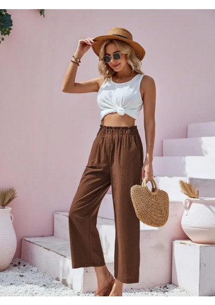 Kadın Bel Büzgü ve Düğme Detay Kısa Geniş Paça Keten Pantolon modelleri
