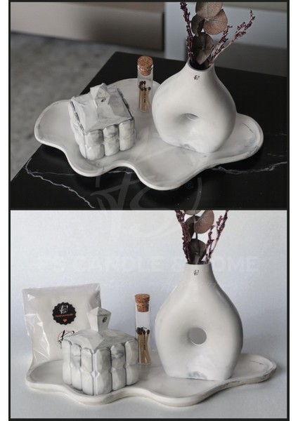 Neşe - 5 Parça Inci Mumlu ve Mermer Görünümlü Dekoratif Beton Set fırsatları