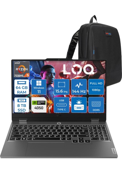 Loq 15ARP9 Amd Ryzen 5 7235HS 64GB Ddr5 8tb SSD Windows 11 Home RTX4050 6gb 105W 15.6" Fhd (1920X1080) IPS 300NITS 144Hz Gaming Laptop 83JC00H4TRH42 + Zetta Çanta