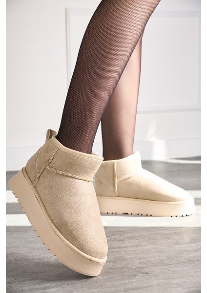 Günlük Kadın Mini Bot Desenli Alçak Desenli Taban Içi Kürklü Süet Kısa Bootie Hafif 257 - U19