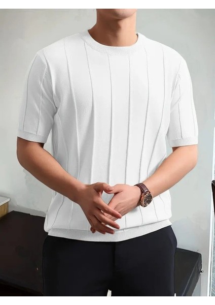 Erkek Kısa Kollu Bisiklet Yaka Çizgili Triko Tshirt fırsatları