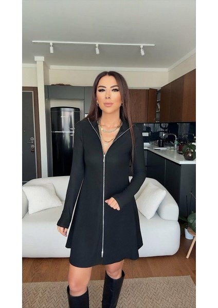 Kadın Uzun Kollu Hakim Yaka Ayarlanabilir Fermuar Dekolteli Mini Elbise