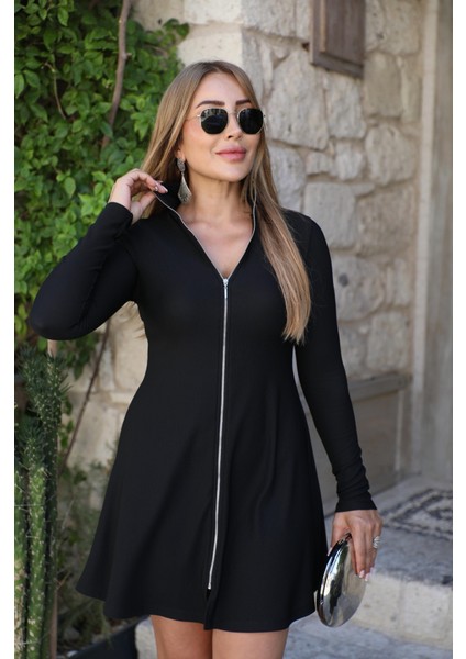 Kadın Uzun Kollu Hakim Yaka Ayarlanabilir Fermuar Dekolteli Mini Elbise fırsatları