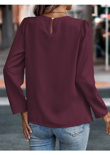 Kadın Uzun Kollu Yuvarlak Önden Pileli Ithal Krep Bluz modelleri