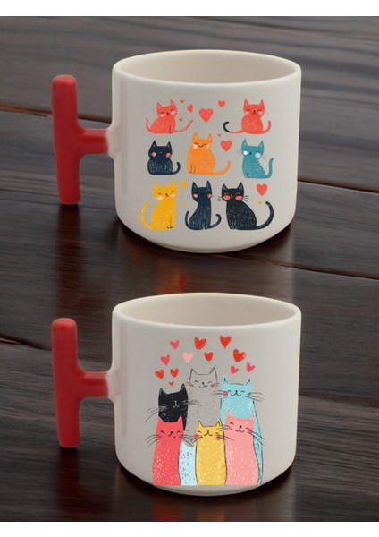Kalp Kedi Görseli Baskılı 2'li Latte Bardağı Seramik Kupa - Seramik Çay, Kahve Hediyelik Bardağı