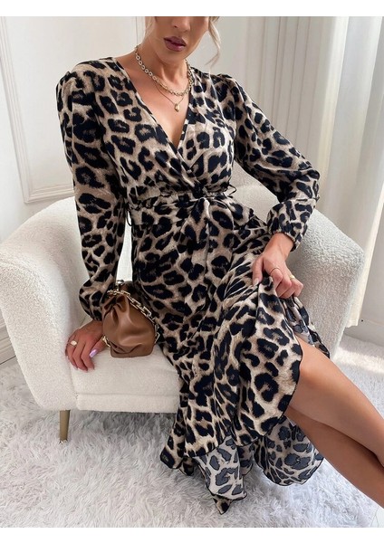 Kadın Uzun Kollu Kruvaze Yakalı Belden Kuşaklı Leopar fiyatları