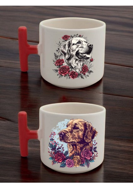 Güller Köpek Baskılı 2'li Latte Bardağı Seramik Kupa - Seramik Çay, Kahve Hediyelik Bardağı