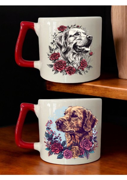 Gül ve Köpek Baskılı 2'li Kahve Bardağı Seramik Kupa - Seramik Çay, Kahve Hediyelik Bardağı