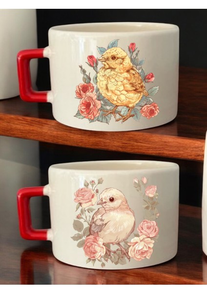 Güller Baskılı 2'li Kahve Fincanı Seramik Kupa - Seramik Çay, Kahve Hediyelik Bardağı