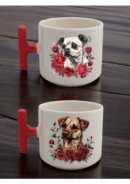 Gül ve Köpek Baskılı 2'li Latte Bardağı Seramik Kupa - Seramik Çay, Kahve Hediyelik Bardağı