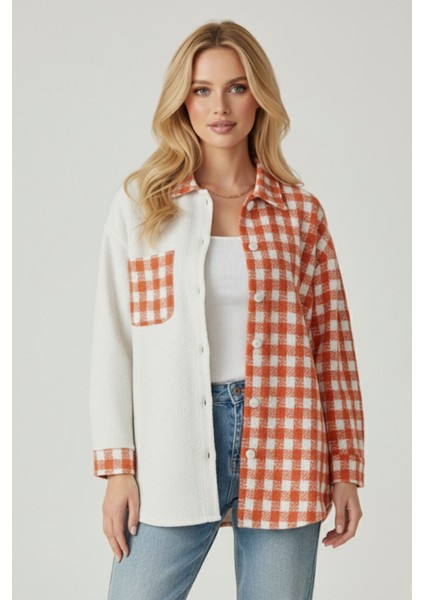 Kadın Turuncu Oversize Fit Ekoseli Desenli Uzun Kollu %100 Pamuk Gömlek, Ceket, Kadın Oduncu Gömlek