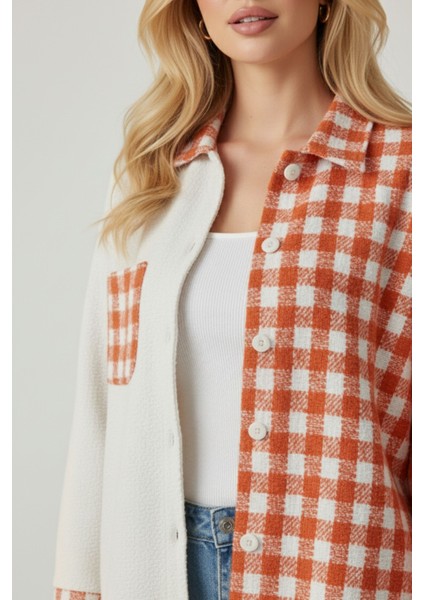 Kadın Turuncu Oversize Fit Ekoseli Desenli Uzun Kollu %100 Pamuk Gömlek, Ceket, Kadın Oduncu Gömlek modelleri