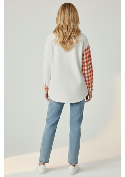 Kadın Turuncu Oversize Fit Ekoseli Desenli Uzun Kollu %100 Pamuk Gömlek, Ceket, Kadın Oduncu Gömlek fırsatları