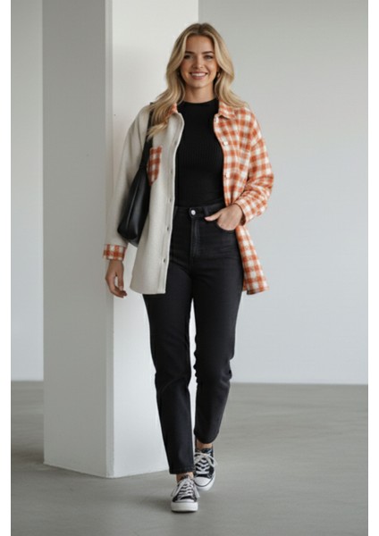 Kadın Turuncu Oversize Fit Ekoseli Desenli Uzun Kollu %100 Pamuk Gömlek, Ceket, Kadın Oduncu Gömlek indirimleri