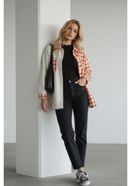Kadın Turuncu Oversize Fit Ekoseli Desenli Uzun Kollu %100 Pamuk Gömlek, Ceket, Kadın Oduncu Gömlek