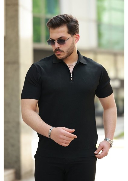 Erkek Fermuarlı Yakalı Kısa Kollu Tshirt