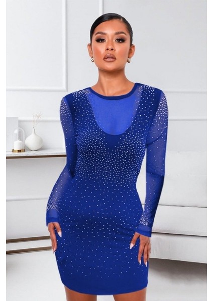 Kadın Uzun Kollu Yuvarlak Yaka Dekolteli Taşlı Dalgıç Elbise fırsatları
