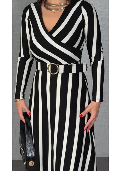 Kadın Uzun Kollu Kruvaze Yaka Kemer Dahil Çizgili Triko Elbise fiyatları
