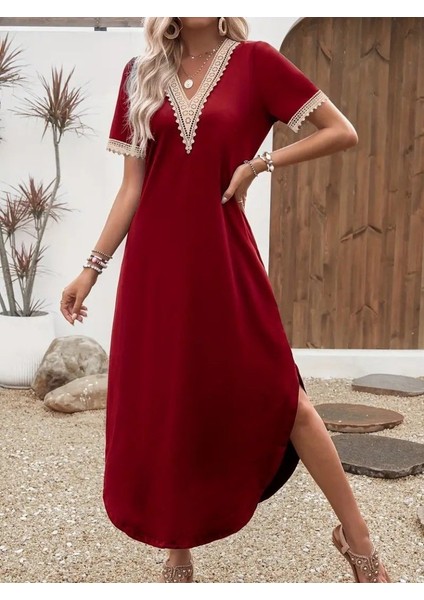 Kadın Kısa Kollu Dantel V Yakalı Uzun Viskon Elbise fiyatları