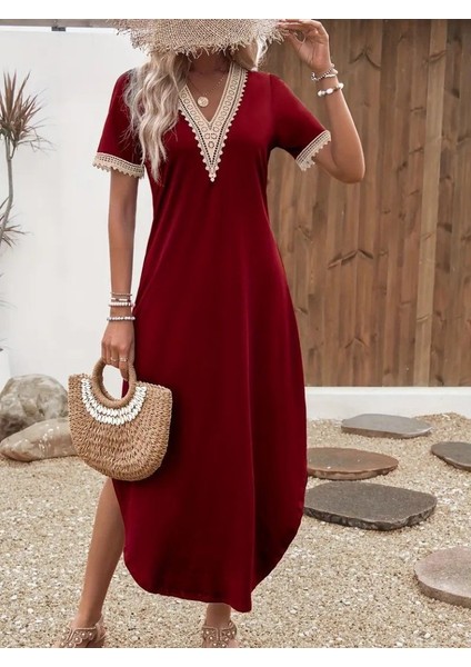 Kadın Kısa Kollu Dantel V Yakalı Uzun Viskon Elbise fırsatları