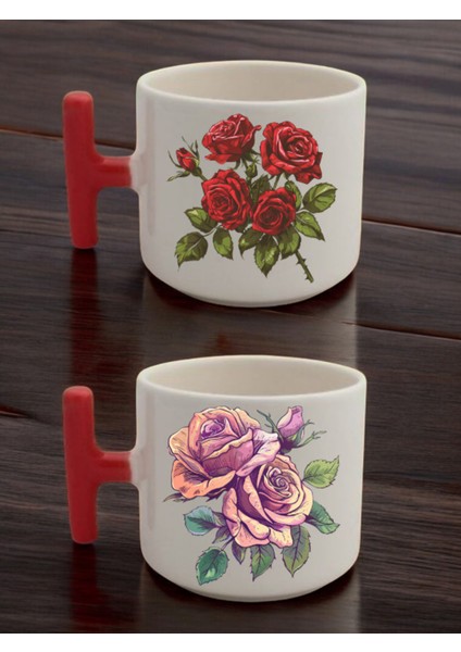 Güller Görseli Baskılı 2'li Latte Bardağı Seramik Kupa - Seramik Çay, Kahve Hediyelik Bardağı