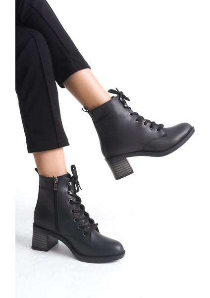 Lena Bağcıklı Fermuarlı Ortopedik Taban Topuklu Kadın Bot Cst - Siyah modelleri