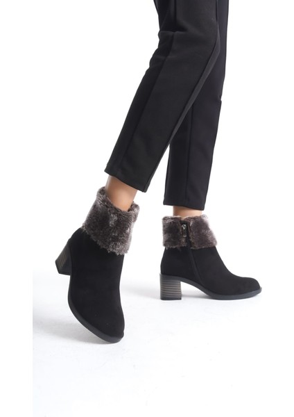 Katya Fermuarlı Ortopedik Taban Topuklu Kürk Detaylı Süet Kadın Bot Sst - Siyah