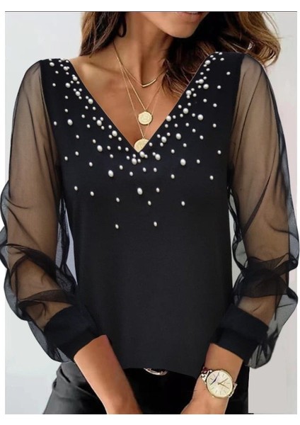 Kadın Uzun Kollu V Yaka Kolları Tül Yaka Kenarı ve Göğüs Inci Detay Krep Bluz