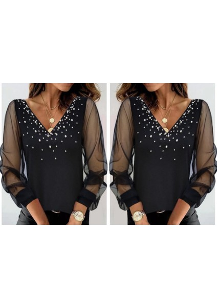 Kadın Uzun Kollu V Yaka Kolları Tül Yaka Kenarı ve Göğüs Inci Detay Krep Bluz modelleri