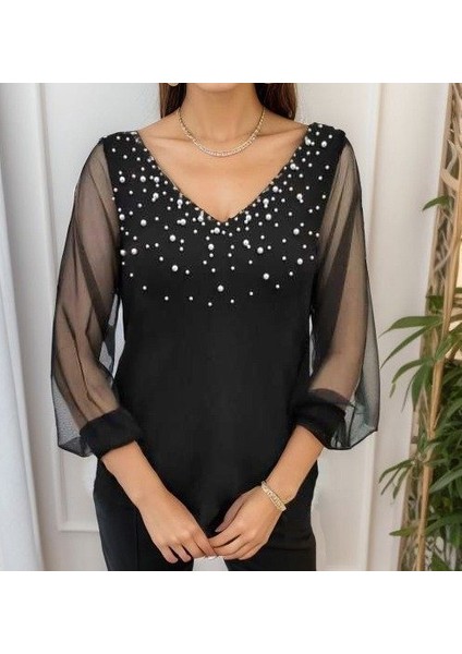 Kadın Uzun Kollu V Yaka Kolları Tül Yaka Kenarı ve Göğüs Inci Detay Krep Bluz indirimleri