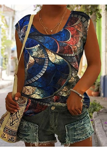 Kadın Sıfır Kol Yuvarlak Yaka Karışık Renkli Baskılı Süprem Bluz fiyatları