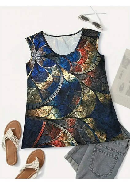 Kadın Sıfır Kol Yuvarlak Yaka Karışık Renkli Baskılı Süprem Bluz modelleri