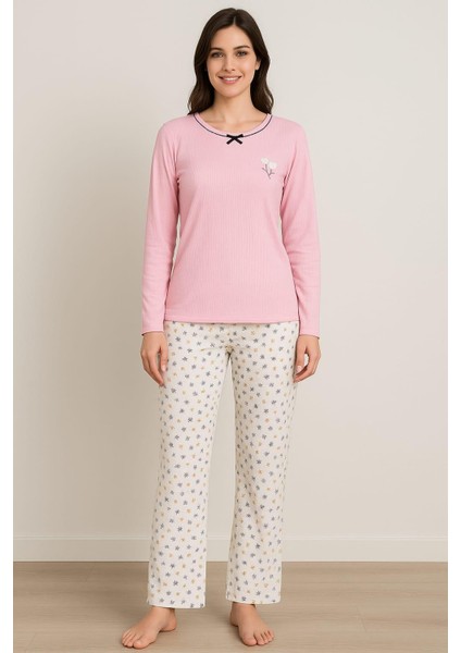 Kadın 06027 Raporlu Interlok Uzun Kol Pijama Takımı Pembe