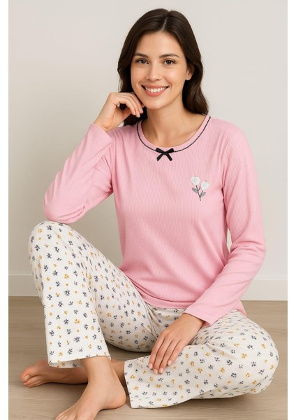 Kadın 06027 Raporlu Interlok Uzun Kol Pijama Takımı Pembe modelleri