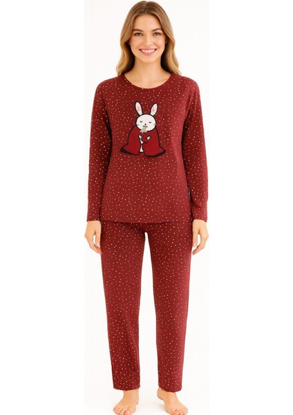 Kadın 19104-1687 Likralı Uzun Kol Pijama Takımı Bordo