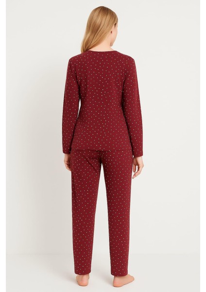 Kadın 19104-1687 Likralı Uzun Kol Pijama Takımı Bordo fiyatları