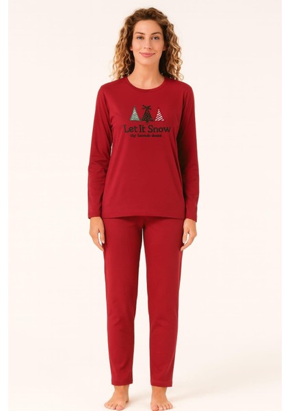 Kadın 1910-2619 Uzun Kol Likralı Sandy Pijama Takımı Kırmızı