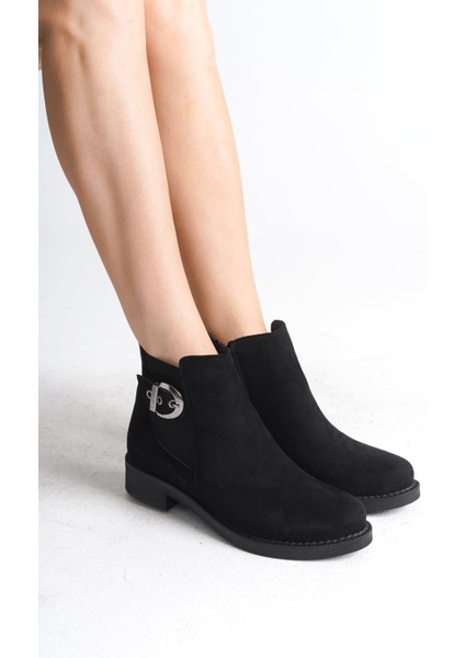Luna Fermuarlı Lastikli Ortopedik Taban Topuklu Süet Kadın Bot Sst - Siyah