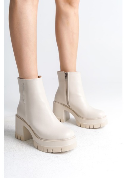 Lısse Fermuarlı Ortopedik Taban Kalın Topuklu Kadın Bot Ckt - Krem