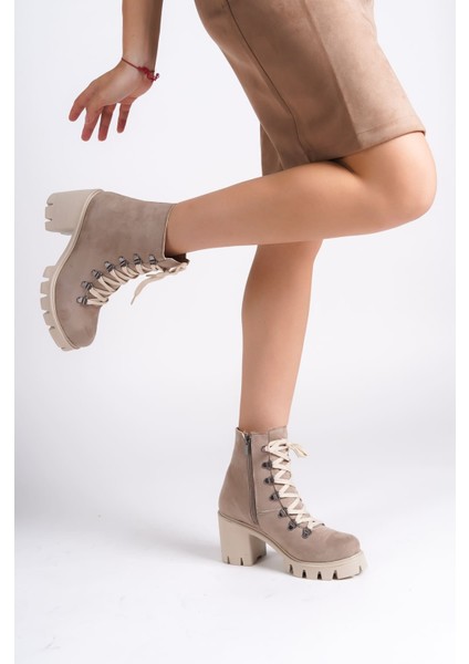 Emma Bağcıklı Fermuarlı Ortopedik Taban Topuklu Süet Kadın Bot Stt - Ten fiyatları