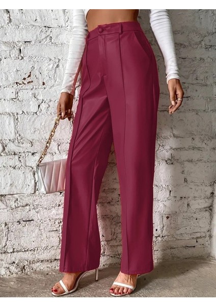 Kadın Önden Fermuarlı Cepli Geniş Kesim Lame Deri Pantolon modelleri
