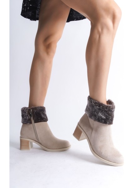 Katya Fermuarlı Ortopedik Taban Topuklu Kürk Detaylı Süet Kadın Bot Stt - Ten fiyatları