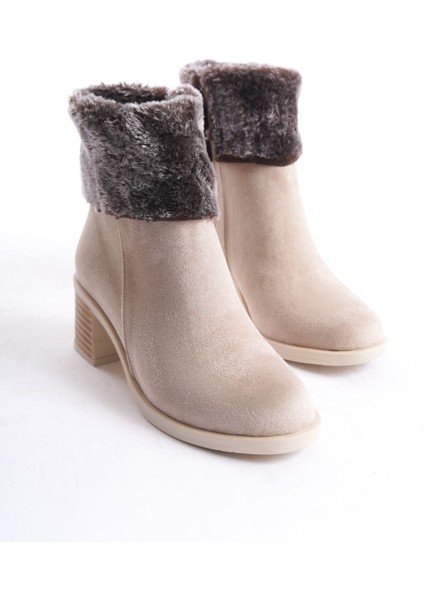 Katya Fermuarlı Ortopedik Taban Topuklu Kürk Detaylı Süet Kadın Bot Stt - Ten indirimleri