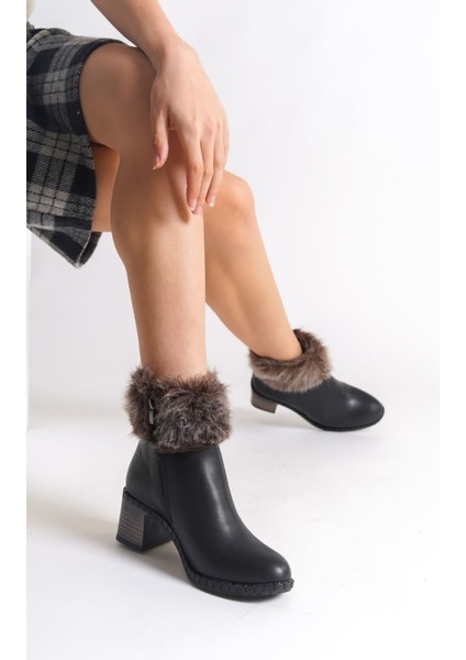 Julıa Fermuarlı Ortopedik Taban Tüylü Topuklu Kadın Bot Cst - Siyah