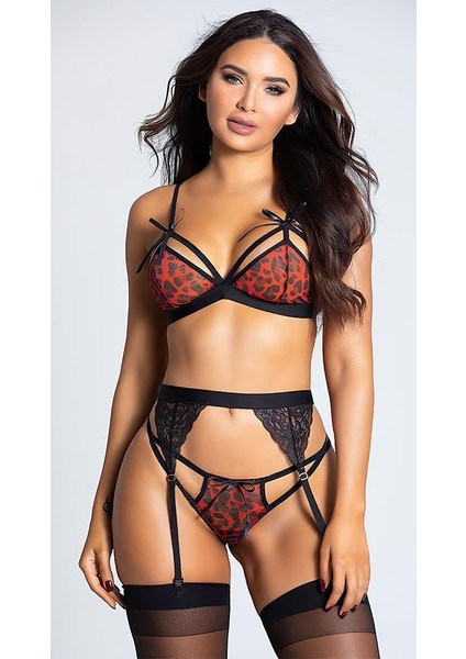 Leopar Desenli Dantelli Çoraplı Tasarım Gecelik Set, Siyah, Ayarlanabilir Askılı, Tül Detaylı fırsatları